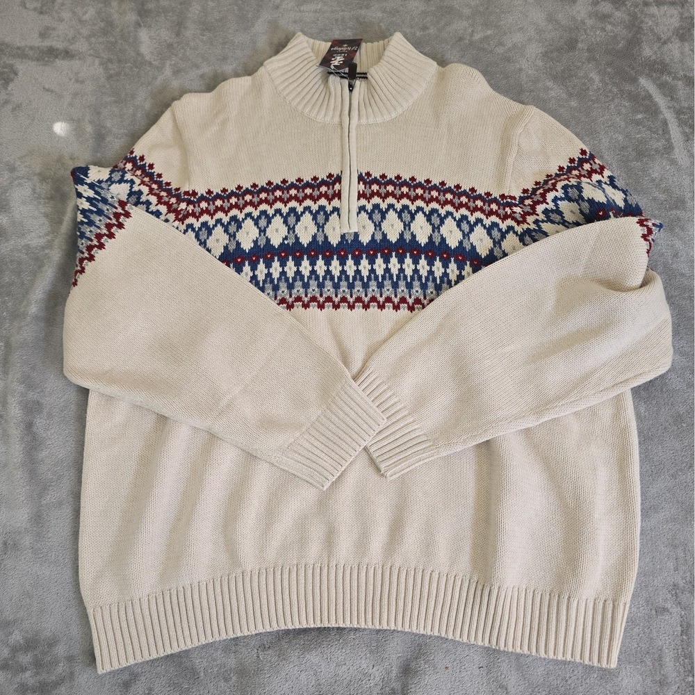 Izod Sweater Mens 2XB Cream Holiday Fairisle Quater Zip Cabincore Preppy Casual